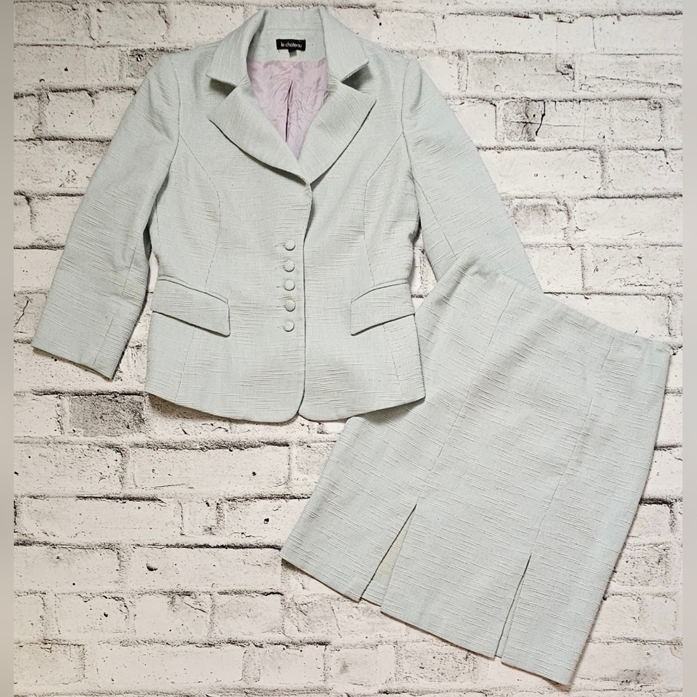 Le Château Vintage Tweed Blazer & Skirt Set Light Blue Suit SZ S & 5/6